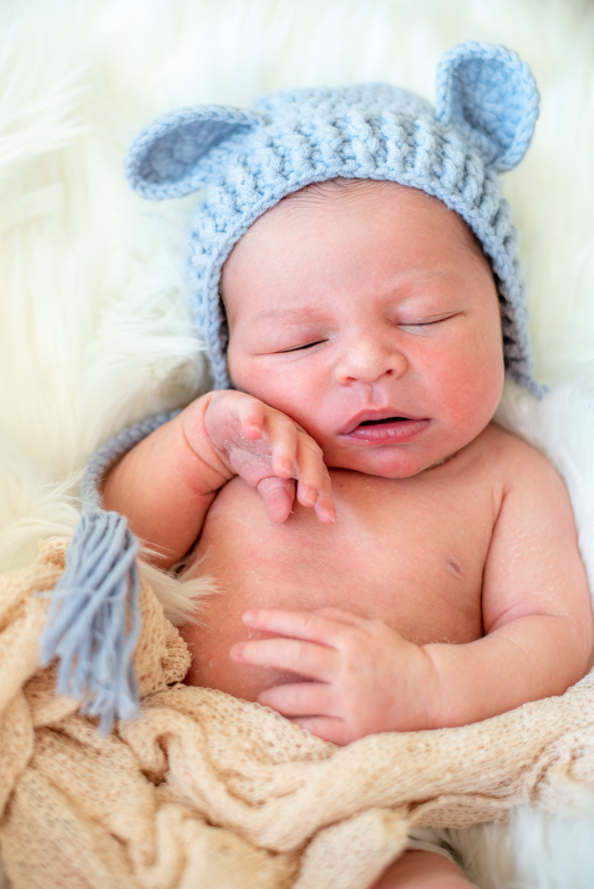 Baby Liam in bear hat, newborn photographers Carlisle